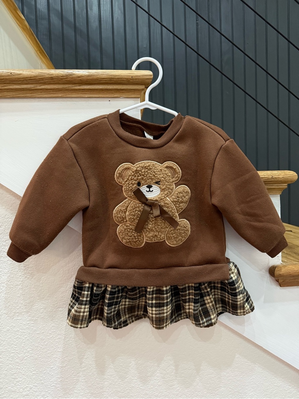SHEIN Brown Teddy Applique Sweatshirt Dress with Plaid Ruffle